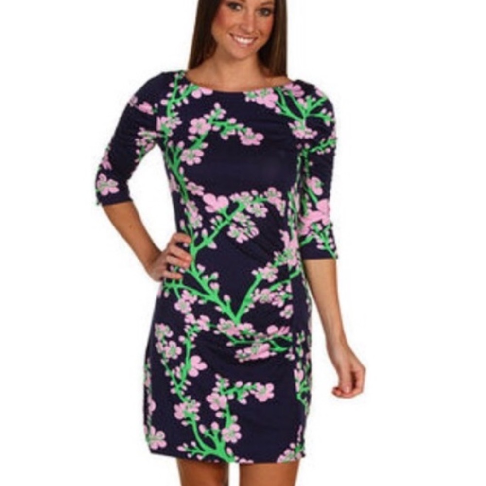 Lilly Pulitzer Navy Dress with Pink Floral and Green Vines